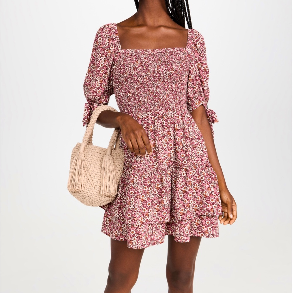 Wayf smocked tiered mini dress in mauve folk floral